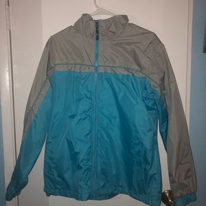 Grey and blue raincoat